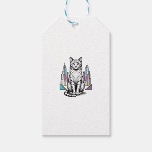 Vintage Engraved Cyber Cat City Vector Art_1 Gift Tags