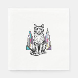 Vintage Engraved Cyber Cat City Vector Art_1 Napkins