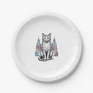 Vintage Engraved Cyber Cat City Vector Art_1 Paper Plates