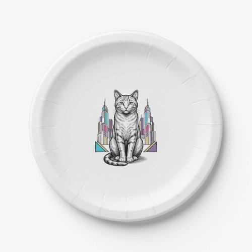 Vintage Engraved Cyber Cat City Vector Art_1 Paper Plates