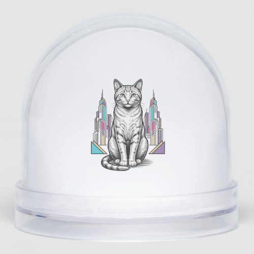 Vintage Engraved Cyber Cat City Vector Art_1 Snow Globe