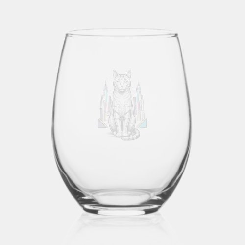 Vintage Engraved Cyber Cat City Vector Art_1 Stemless Wine Glass