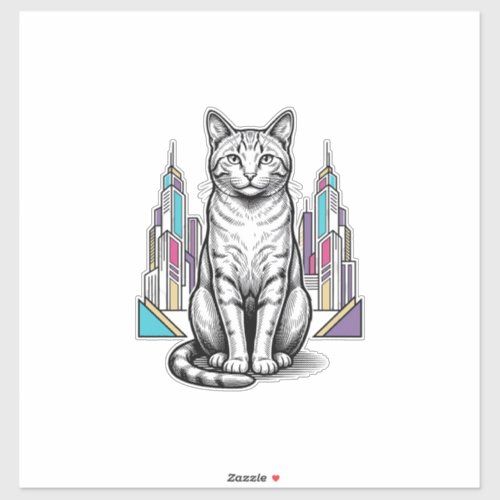 Vintage Engraved Cyber Cat City Vector Art_1 Sticker