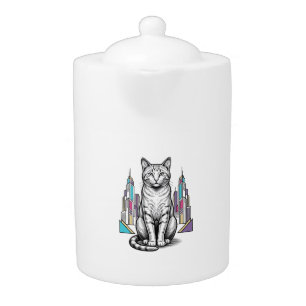 Vintage Engraved Cyber Cat City Vector Art_1 Teapot