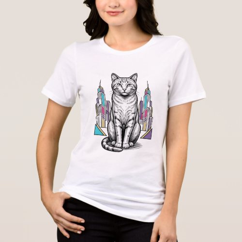 Vintage Engraved Cyber Cat City Vector Art_1 Tri-Blend Shirt