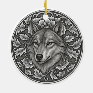 Vintage Engraved Floral Wolf Head design Ceramic Ornament