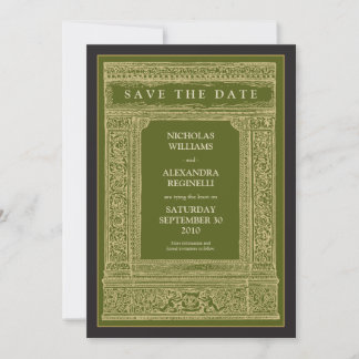 Vintage Engraved Frame Save the Date (olive/gold)