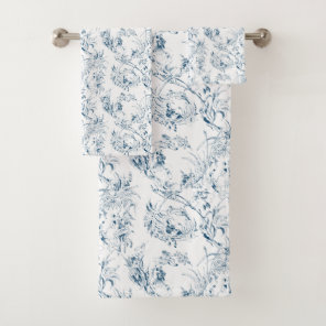 Vintage Engraved French Floral Fantasy Toile-Blue Bath Towel Set