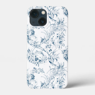 Vintage Engraved French Floral Fantasy Toile-Blue iPhone 13 Mini Case