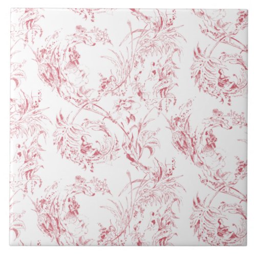 Vintage Engraved French Floral Fantasy Toile_Pink  Ceramic Tile