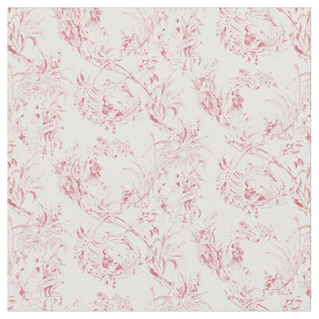 Vintage Engraved French Floral Fantasy Toile-Pink Fabric (Close Up)