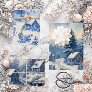 Vintage Engraved French Toile Blue Cottage Winter Wrapping Paper Sheets
