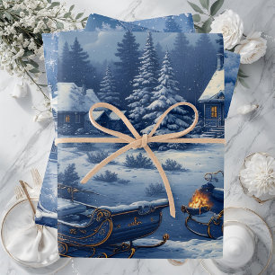 Vintage Engraved French Toile Snow Covered Cottage Wrapping Paper Sheets