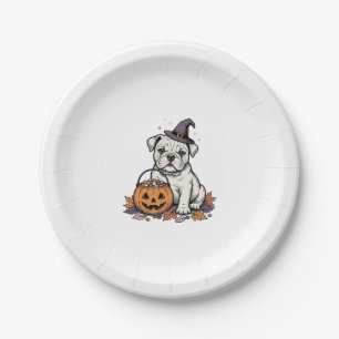 Vintage Engraved Halloween Bulldog Pumpkin Design_ Paper Plates