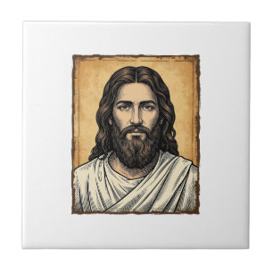 Vintage Engraved Religious Portrait Shirt Design_1 Ceramic Tile