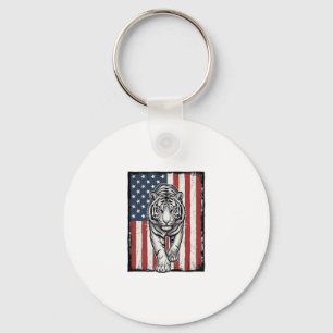 Vintage Engraved Tiger American Flag Patriotic Des Keychain