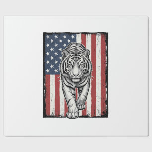 Vintage Engraved Tiger American Flag Patriotic Des Wrapping Paper
