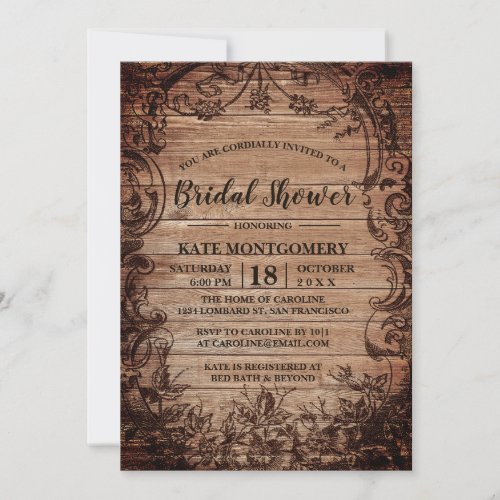Vintage Engraved Wood Rustic Bridal Shower Invitation