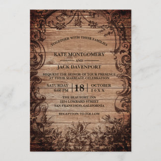 Vintage Engraved Wood Rustic Wedding Invitation
