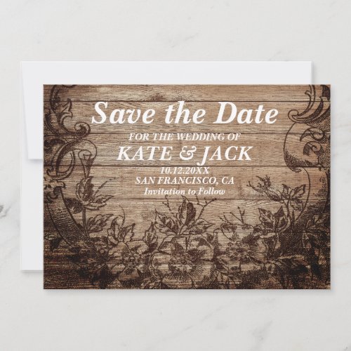 Vintage Engraved Wood  Save The Date