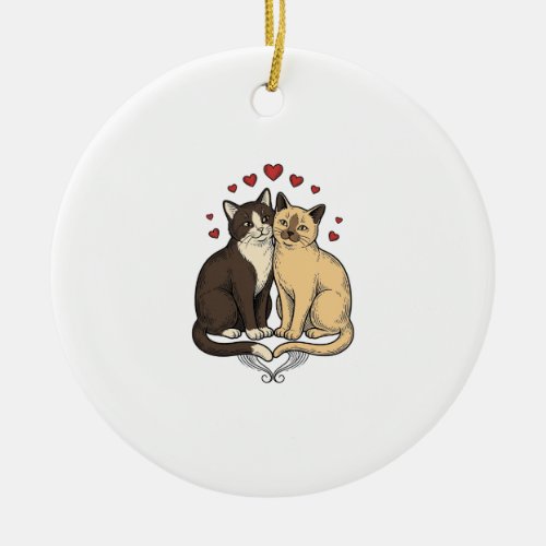 Vintage Engraving Cute Cat Couple Love Design_1 Ceramic Ornament
