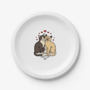 Vintage Engraving Cute Cat Couple Love Design_1 Paper Plates