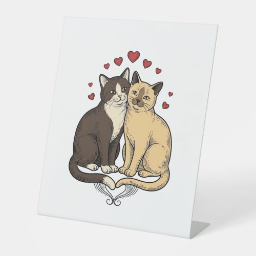 Vintage Engraving Cute Cat Couple Love Design_1 Pedestal Sign