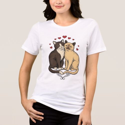 Vintage Engraving Cute Cat Couple Love Design_1 Tri-Blend Shirt