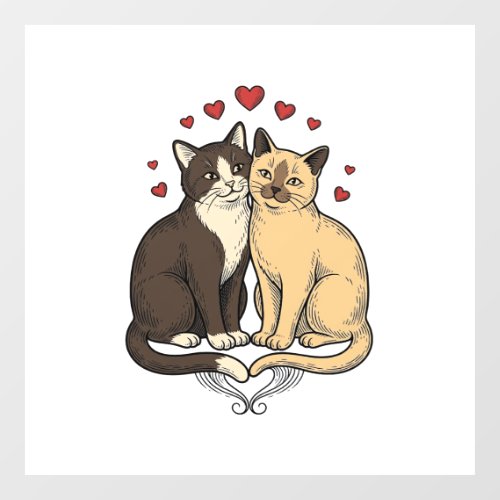 Vintage Engraving Cute Cat Couple Love Design_1 Window Cling
