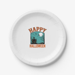 Vintage Engraving Happy Halloween Haunted House De Paper Plates