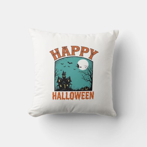Vintage Engraving Happy Halloween Haunted House De Throw Pillow