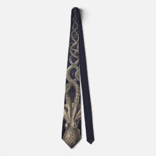 Vintage Engraving Kraken Sea Monster Dark Nautical Neck Tie