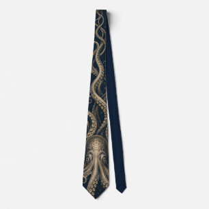 Vintage Engraving Kraken Sea Monster Dark Nautical Neck Tie