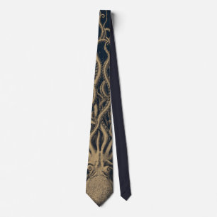 Vintage Engraving Kraken Sea Monster Dark Nautical Neck Tie