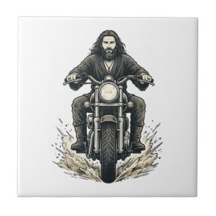 Vintage Engraving Motorcycle Rider Vector Design_1 Ceramic Tile
