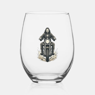 Vintage Engraving Motorcycle Rider Vector Design_1 Stemless Wine Glass