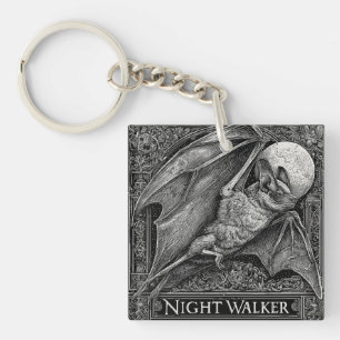 Vintage Engraving of a Bat Flying Under Full Moon Keychain