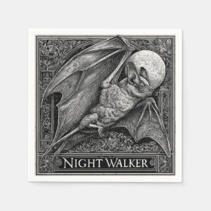 Vintage Engraving of a Bat Flying Under Full Moon Napkins