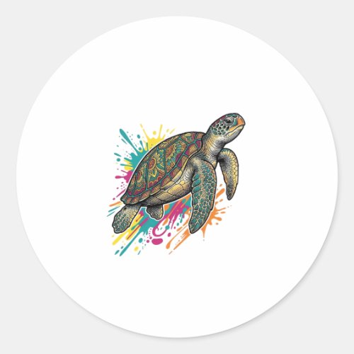 Vintage Engraving Sea Turtle Color Splash Shirt_1 Classic Round Sticker