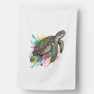 Vintage Engraving Sea Turtle Color Splash Shirt_1 House Flag