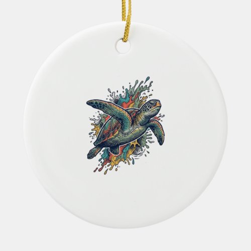 Vintage Engraving Sea Turtle Splash Vector Design_ Ceramic Ornament