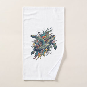 Vintage Engraving Sea Turtle Splash Vector Design_ Hand Towel