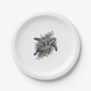 Vintage Engraving Sea Turtle Splash Vector Design_ Paper Plates