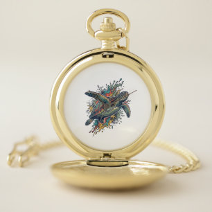 Vintage Engraving Sea Turtle Splash Vector Design_ Pocket Watch