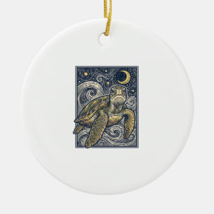 Vintage Engraving Sea Turtle Starry Night Ceramic Ornament