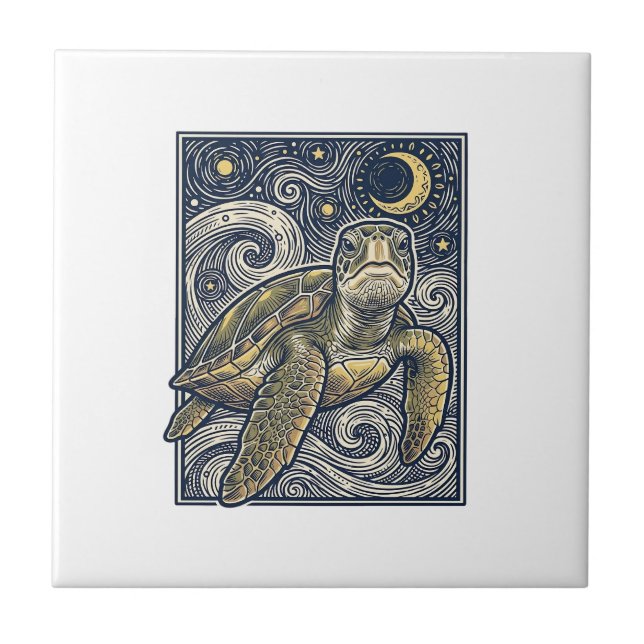Vintage Engraving Sea Turtle Starry Night Ceramic Tile (Front)