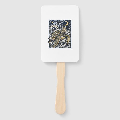 Vintage Engraving Sea Turtle Starry Night Hand Fan
