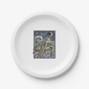 Vintage Engraving Sea Turtle Starry Night Paper Plates