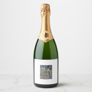 Vintage Engraving Sea Turtle Starry Night Sparkling Wine Label