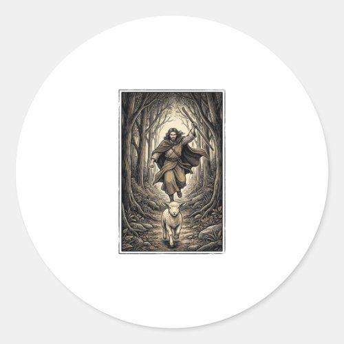 Vintage Engraving Shepherd and Lamb Forest Classic Round Sticker